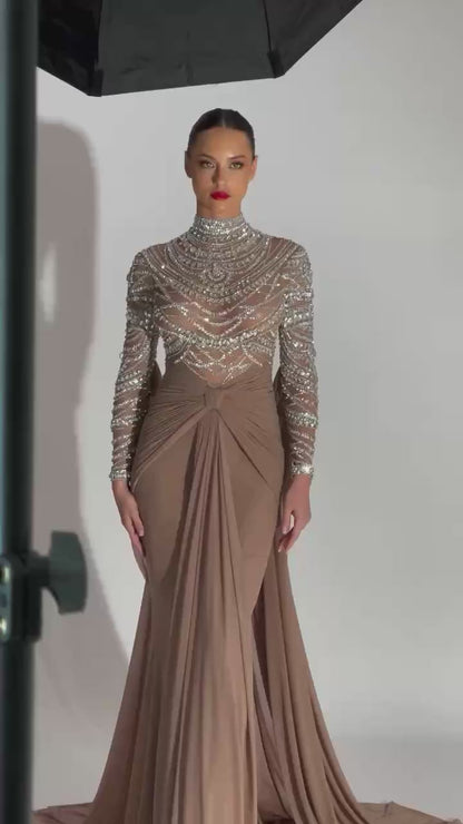 Luxury Designer Modest Brown Stretch Material Mermaid Evening Dress LA72993