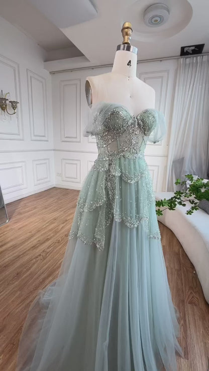 Luxury Sage Green Beaded A-Line Off-Shoulder Evening Dress LA72605