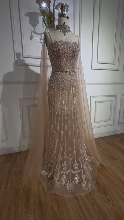 Luxury Nude Beaded Mermaid Evening Dress with Cape LA72711