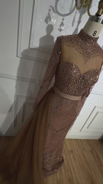 Luxury Brown Beaded Mermaid Evening Dress with Side Overskirt LA71913A