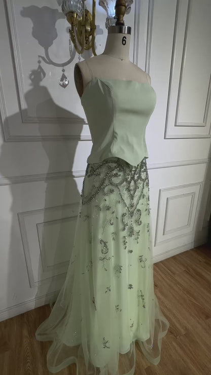 Elegant Sage Green Beaded A-Line Evening Dress Gown LA72809