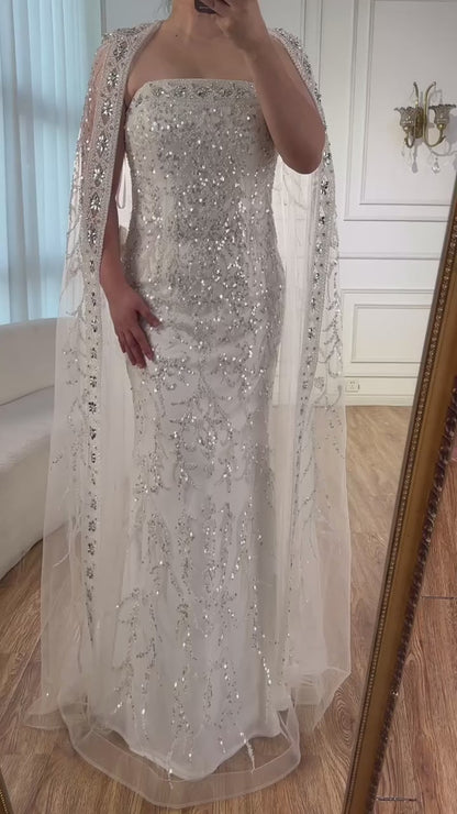 Luxury White Dubai Arabia Beading  Evening Dress With Cape LA72870