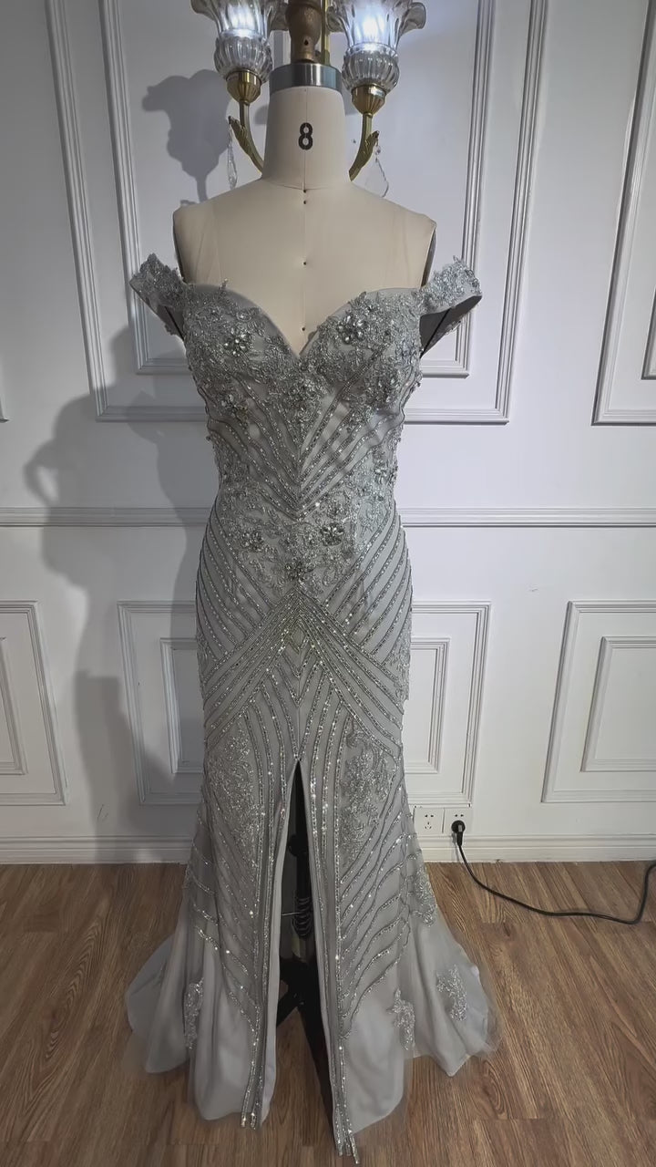 Luxury Silver Gray Off Shoulder Mermaid Evening Dress LA73018