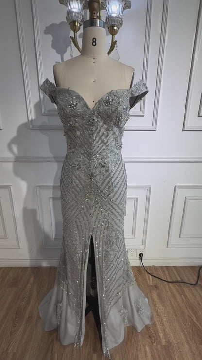 Luxury Silver Gray Off Shoulder Mermaid Evening Dress LA73018