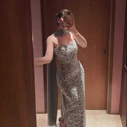 Luxury Sage Green Beaded Strapless Mermaid Evening Dress LA73440A