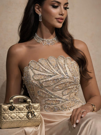 Luxury Champagne Satin Beaded Mermaid Evening Dress LA73622