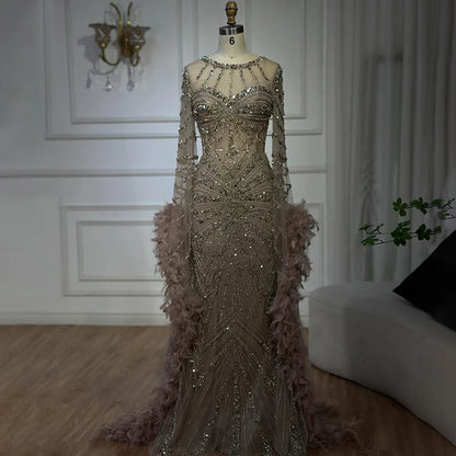 Luxury Modest Caramel Feather  Long Cape  Sleeves Mermaid Evening Dress LA72708A