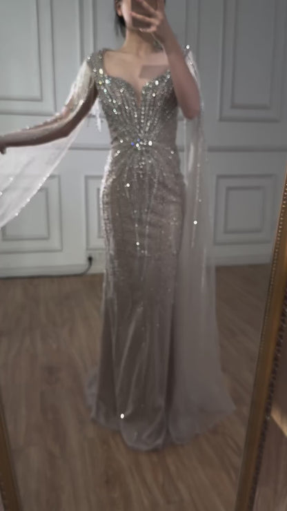 Luxury Caramel Beaded Evening Dress With Cape LA72992A