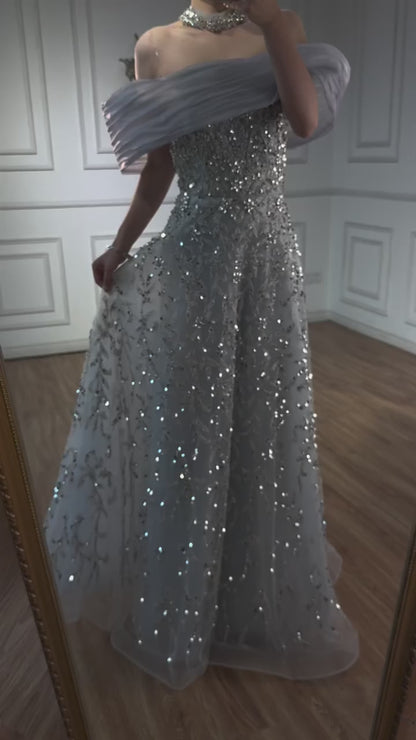 Glamorous Silver Gray Off-Shoulder Beaded Evening Dress LA73062