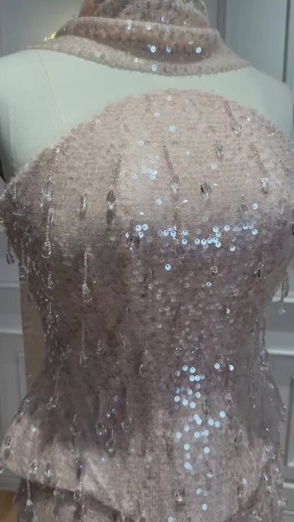 Luxury Champagne Strapless Beaded Mermaid Evening Dress With Scarf LA73488
