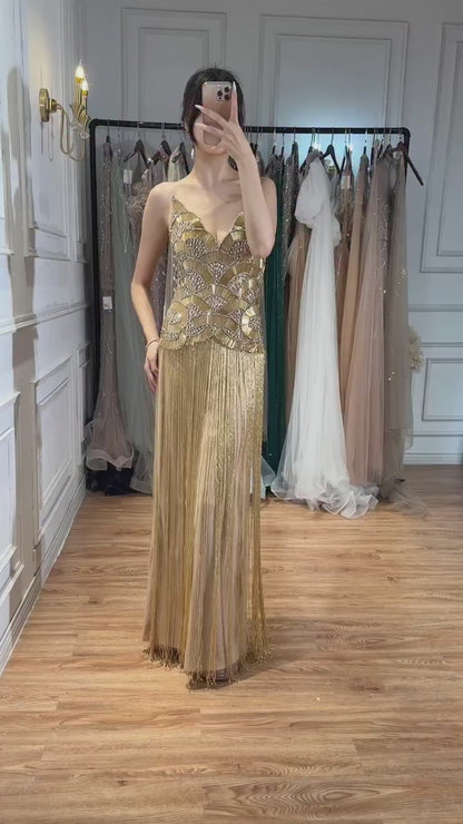 Luxury Hand Made Gold Scallop Tassel Evening Dress LA73748