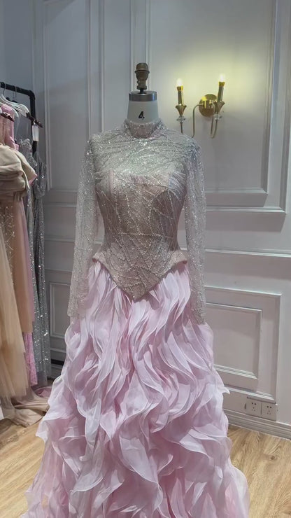 Luxury Pink Beaded High Neck Ball Gown LA73603C