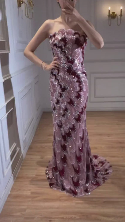 Luxury Pink Strapless Beaded Mermaid Evening Dress LA73607