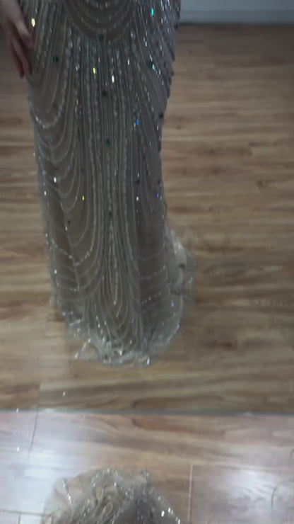 Luxury Beaded Evening Dress Puff Sleeves Pearl Adorned LA72903