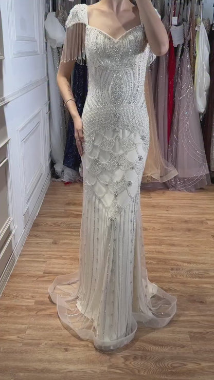 Luxury Beige Crystal Beaded Mermaid Evening Dress Tassel Sleeve LA73694