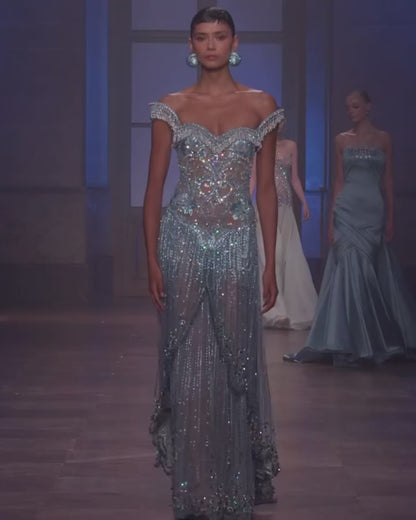 Luxury Blue Beaded A-Line Evening Dress With Tassels LA73851