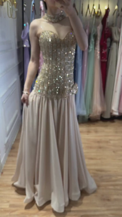Luxury Champagne A-Line Crystal Beaded Evening Dress LA73361