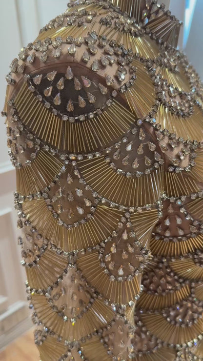Luxury Gold Beaded High Neck Long Sleeve Tassel Evening Dress LA73834
