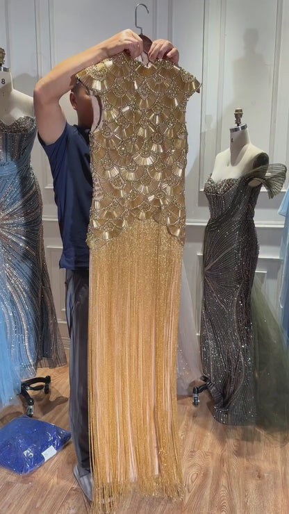 Luxury Gold Crystal Beaded Tassel High Neck Evening Dress LA73748A