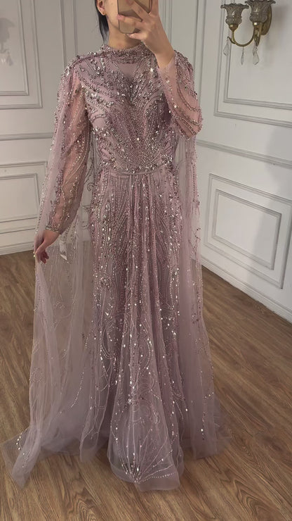 Luxury Sliver Hijab Modest Muslim Beaded Evening Dress LA73215
