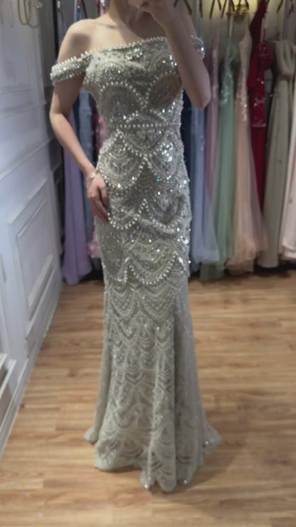 Luxury Nude Pearls Beaded Strapless Mermaid Evening Dress LA73395