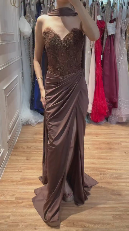 Luxury Brown Lace Beaded Strapless Mermaid Dress LA73672