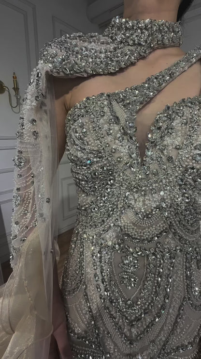 Luxury Nude Crystal One Shoulder Beaded Mermaid Evening Dress LA73533