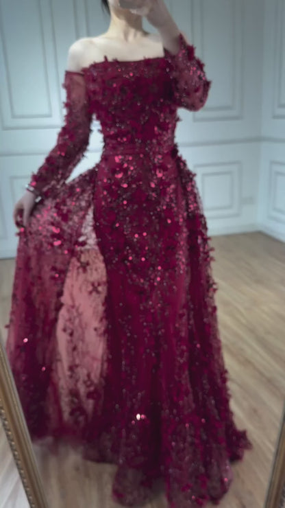 Pink Beaded Mermaid Evening Gown with Overskirt and Appliques LA72641