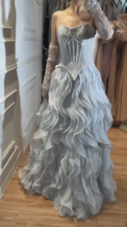 Luxury Gray Beaded Mermaid Corset Tulle Evening Dress With Gloves LA73368A