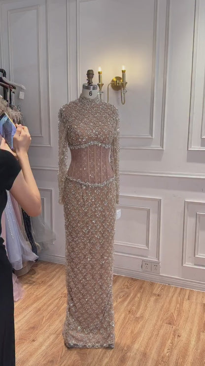 Luxury Nude Beaded Two Pieces Corset Evening Dress LA73335