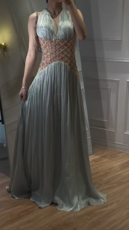 Luxury Turquoise Crystal Beaded A-Line Evening Dress LA73421